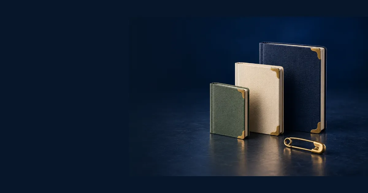 Три книжки разного размера и латунная булавка на тёмном фоне