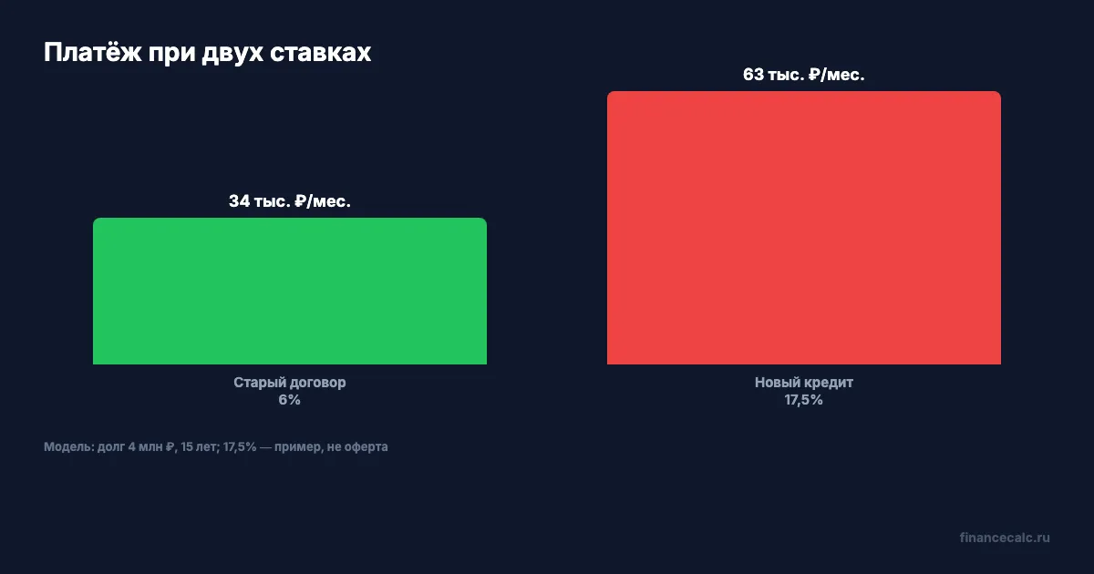 Платёж при ставке 6% и модельной ставке 17,5%