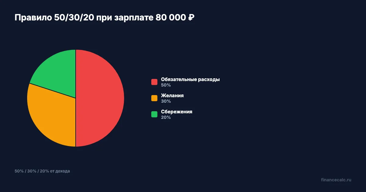 Правило 50/30/20 при зарплате 80 000 ₽
