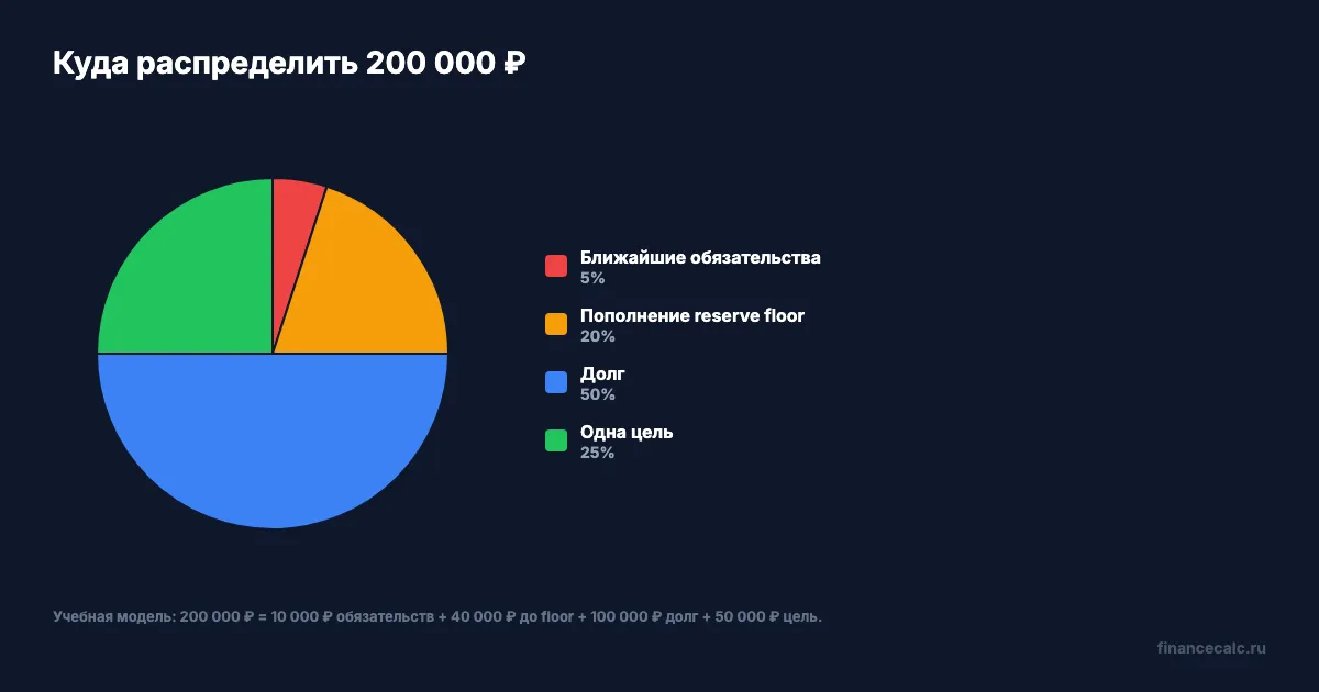 Распределение 200 000 ₽: обязательства, резерв, долг и цель