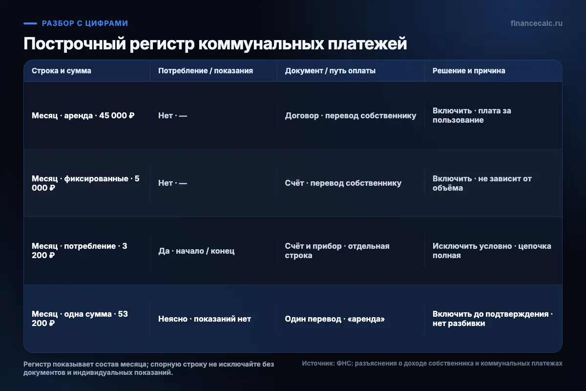 Построчный регистр коммунальных платежей арендатора