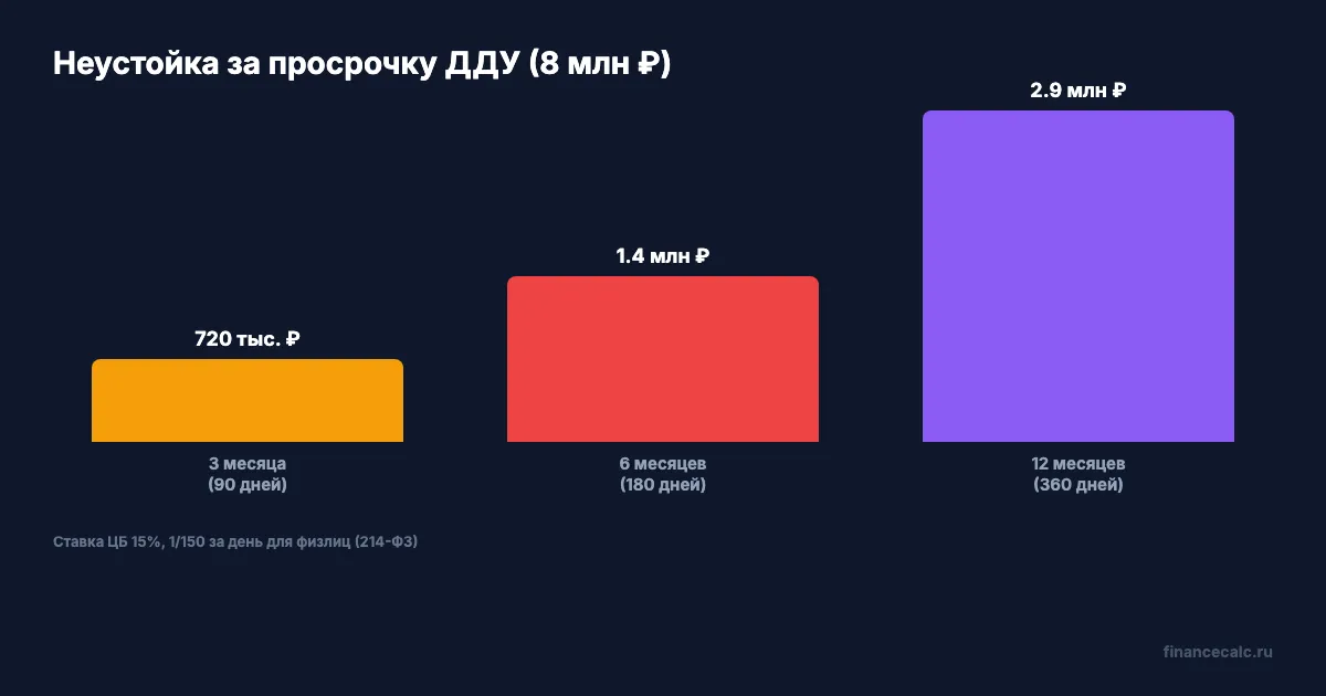 Неустойка за просрочку ДДУ при разных сроках задержки
