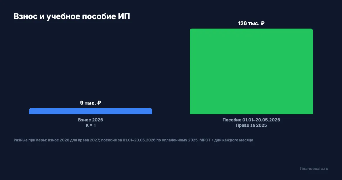 Стоимость взноса и учебный расчет пособия ИП на МРОТ 2026