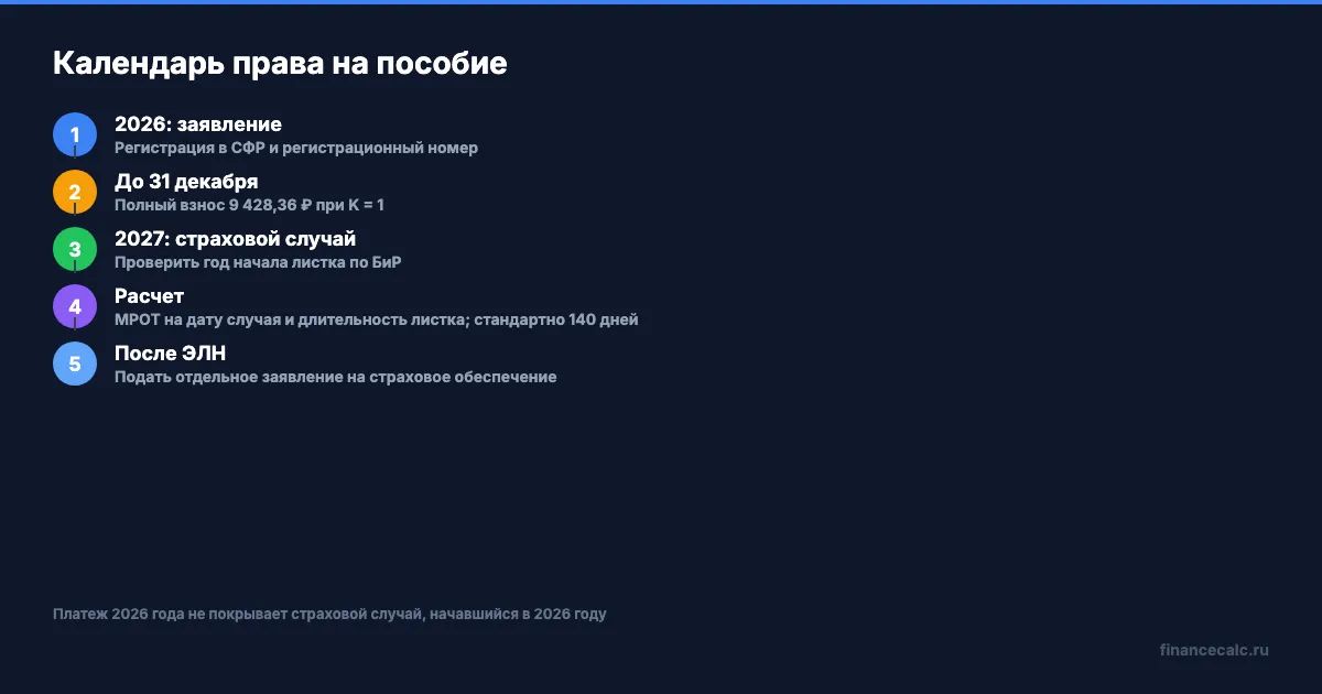 Календарь права ИП на пособие: заявление и платеж в 2026 году, страховой случай в 2027 году