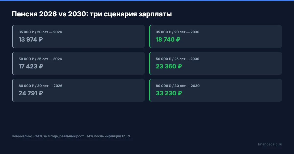 Пенсия 2026 vs 2030 при трёх уровнях зарплаты