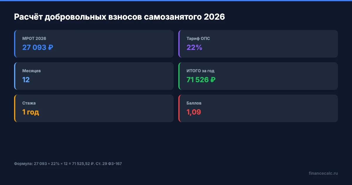 Расчёт добровольных взносов СФР для самозанятого 2026