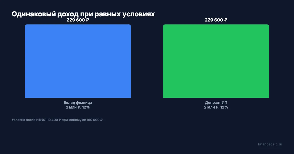 Доход физлица и ИП при одинаковом вкладе