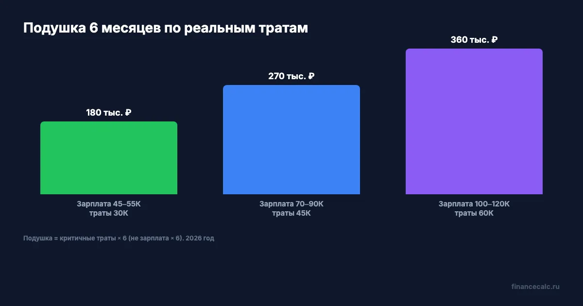 Подушка 6 месяцев: 180 / 270 / 360 тыс. ₽ для разных уровней дохода