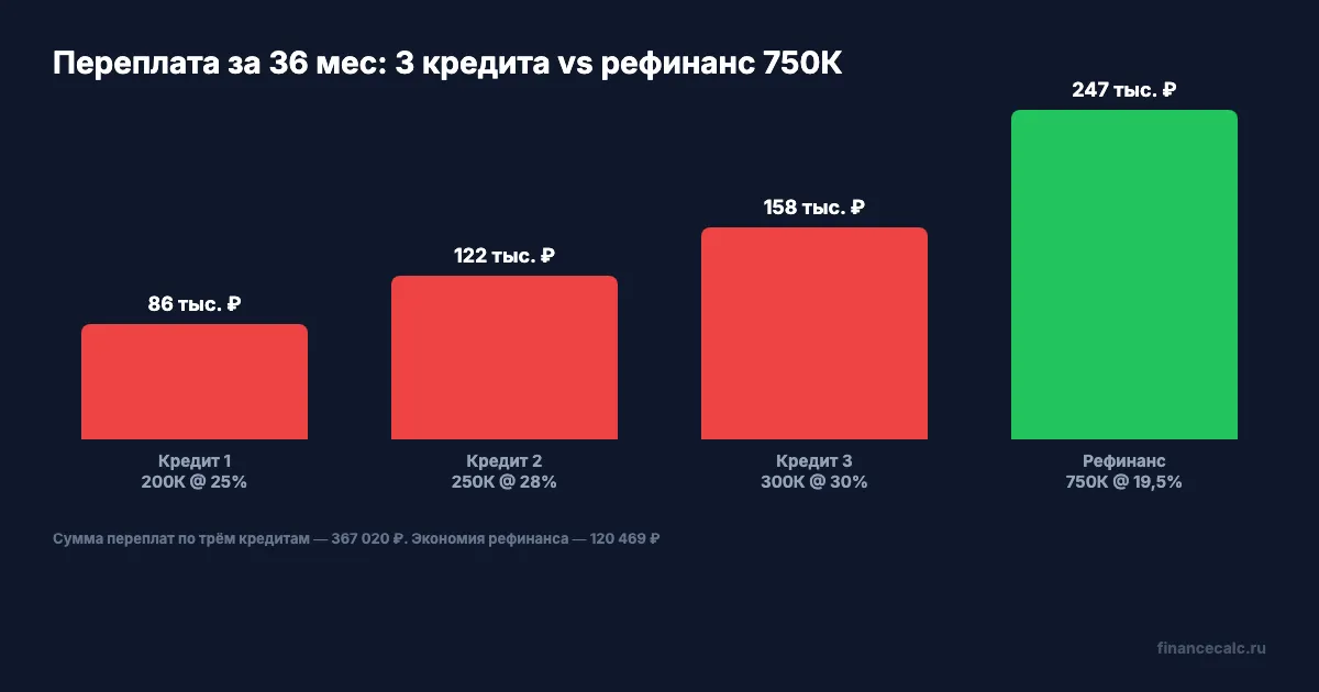 Сравнение переплаты: 3 кредита vs рефинансирование 750К