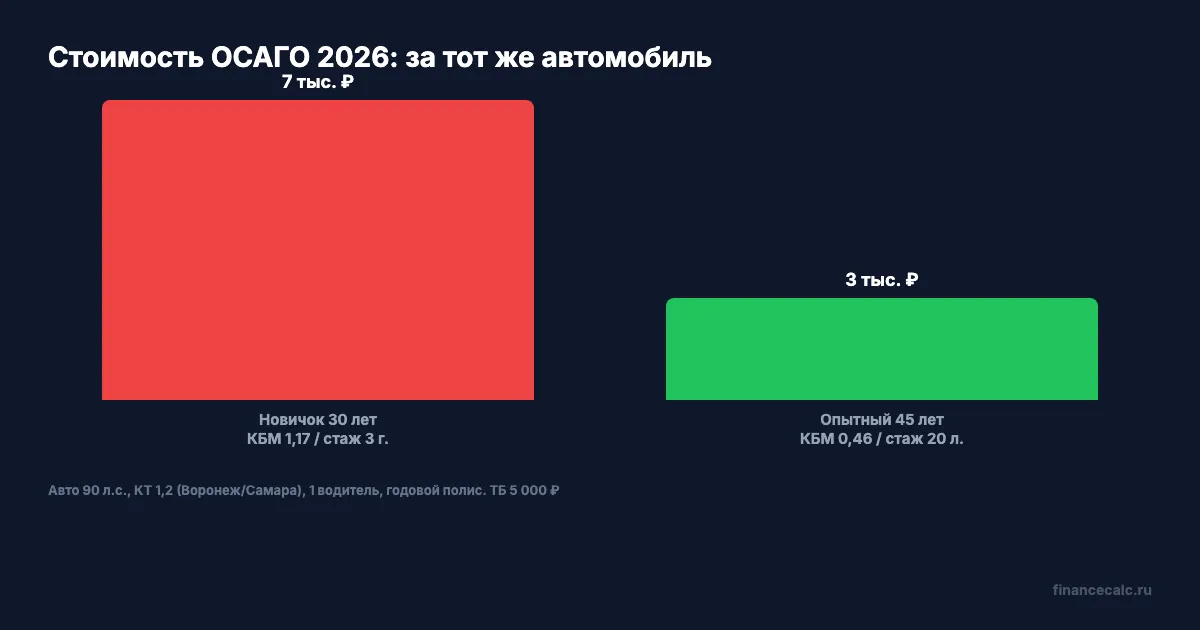 Расчёт ОСАГО: новичок vs опытный водитель в 2026