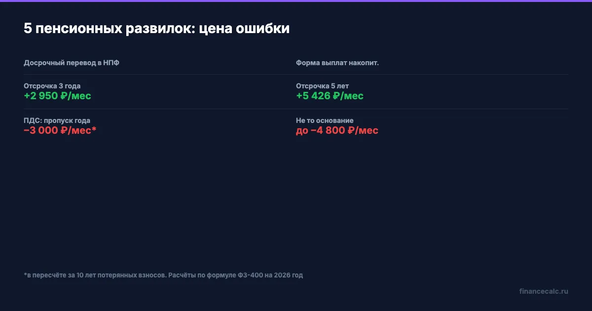 Сравнение: цена ошибки по 5 пенсионным развилкам в месяц