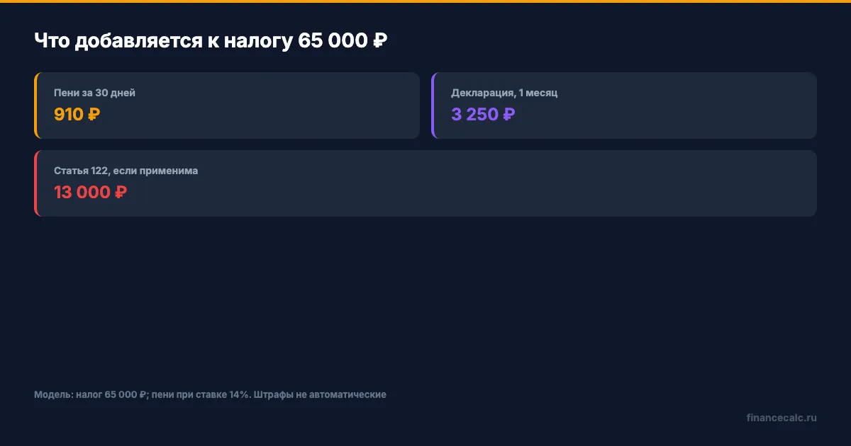 Пени и возможные штрафы на примере 65 000 ₽