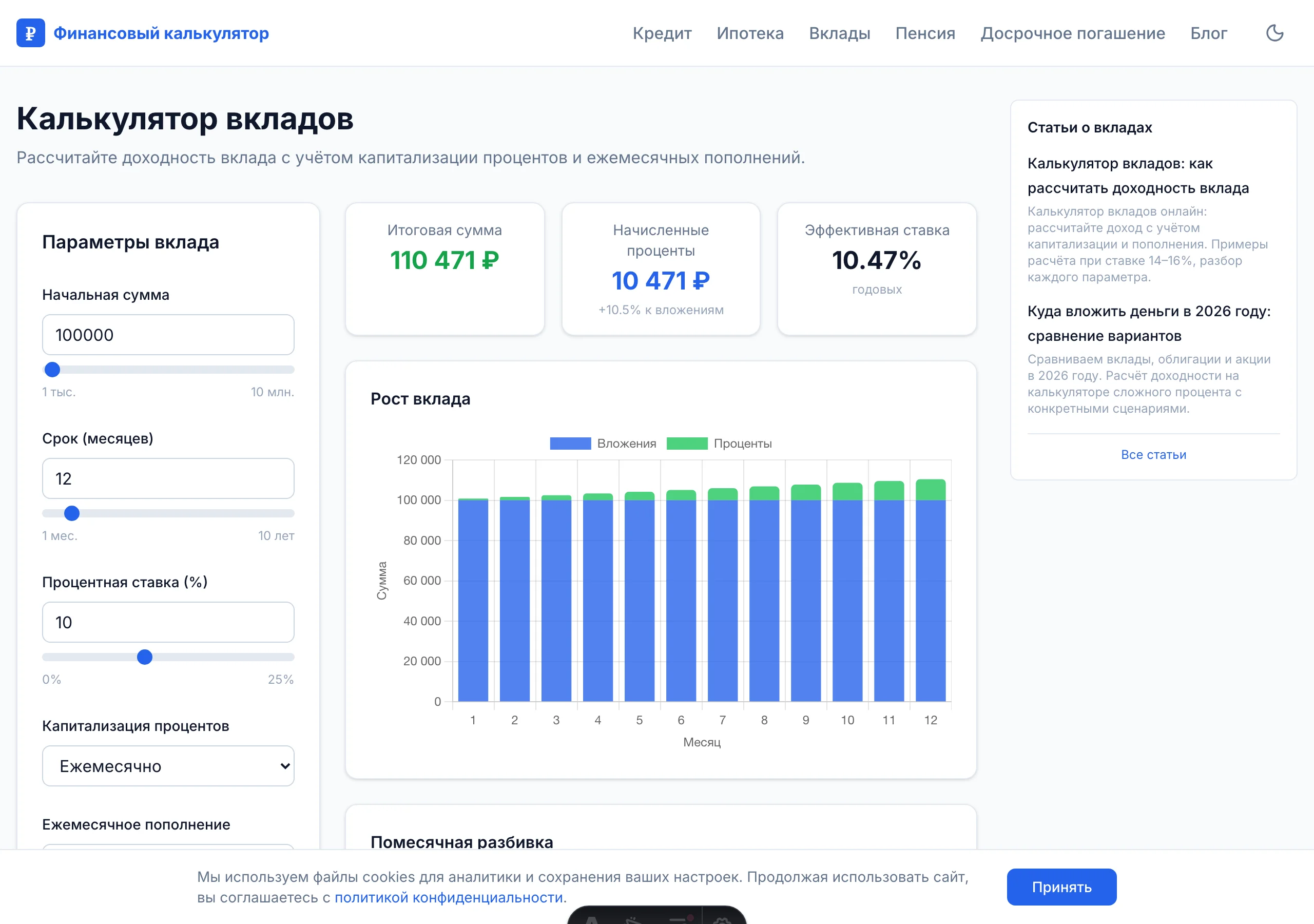 Скриншот калькулятора сложного процента financecalc.ru с заполненными полями