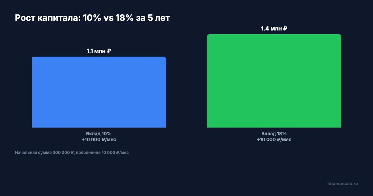 Сравнение роста капитала: доходность 10% vs 18% за 5 лет