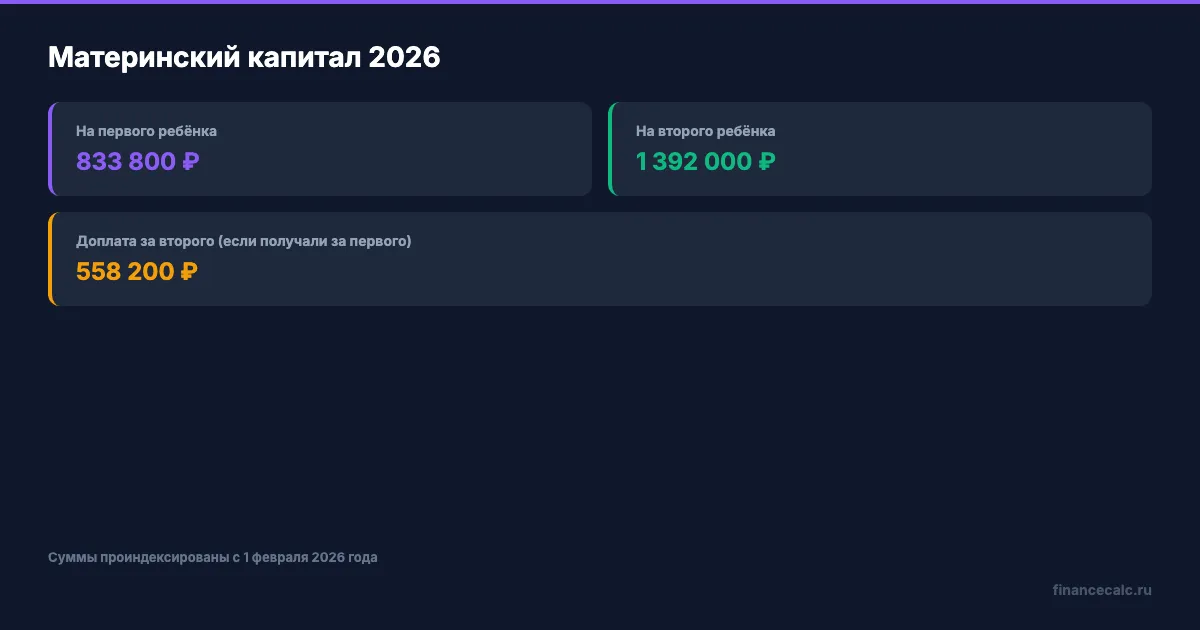 Суммы материнского капитала на первого и второго ребёнка в 2026 году
