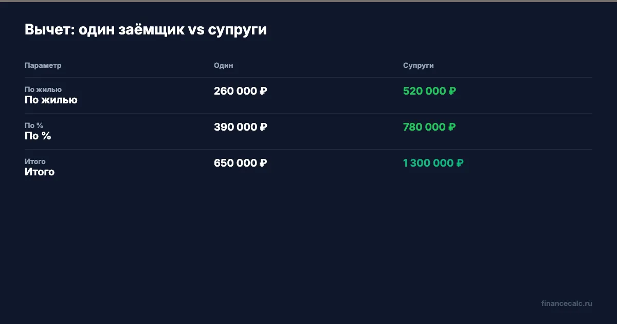 Сравнение суммы налогового вычета: один заёмщик vs супруги