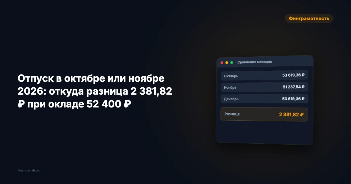 Отпуск в октябре или ноябре 2026: откуда разница 2 381,82 ₽ при окладе 52 400 ₽