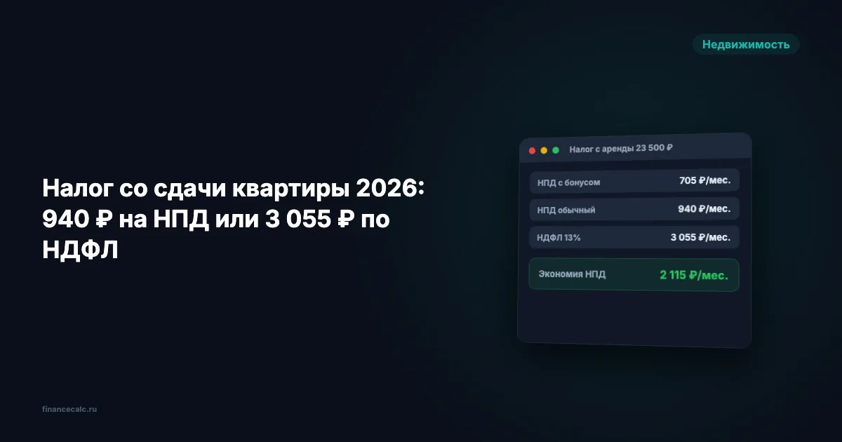 Налог со сдачи квартиры 2026: 940 ₽ на НПД или 3 055 ₽ по НДФЛ