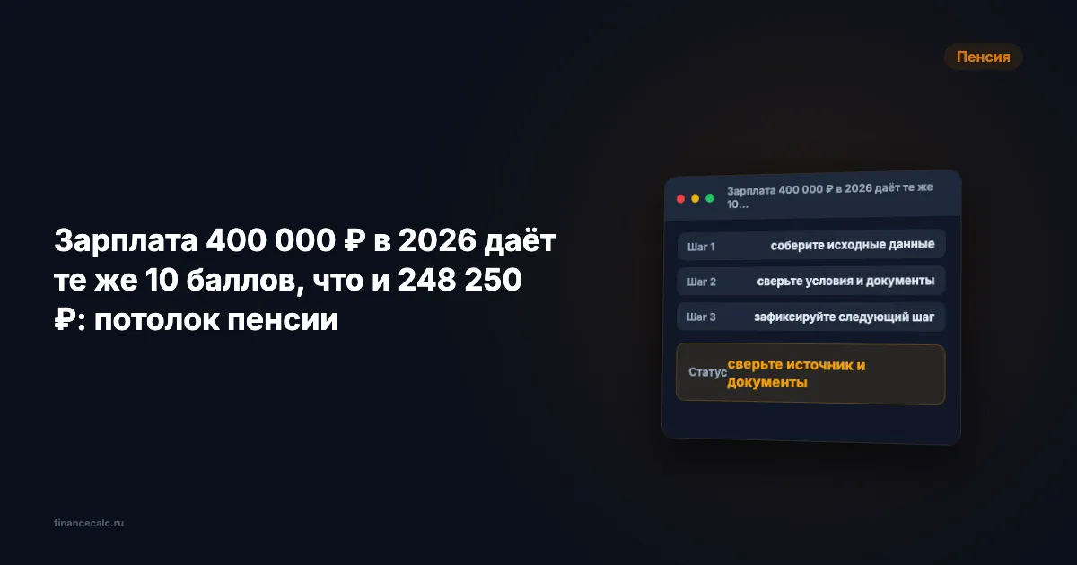 Зарплата 400 000 ₽ в 2026 даёт те же 10 баллов, что и 248 250 ₽: потолок пенсии