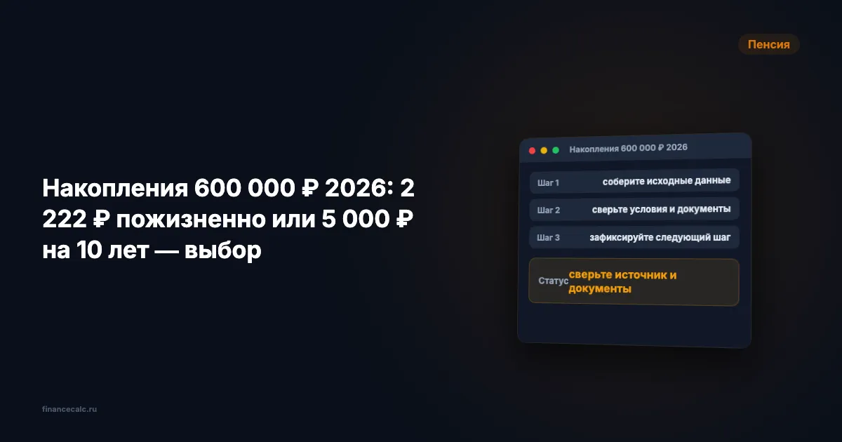 Накопления 600 000 ₽ 2026: 2 222 ₽ пожизненно или 5 000 ₽ на 10 лет — выбор