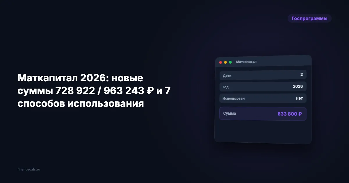 Маткапитал 2026: новые суммы 728 922 / 963 243 ₽ и 7 способов использования