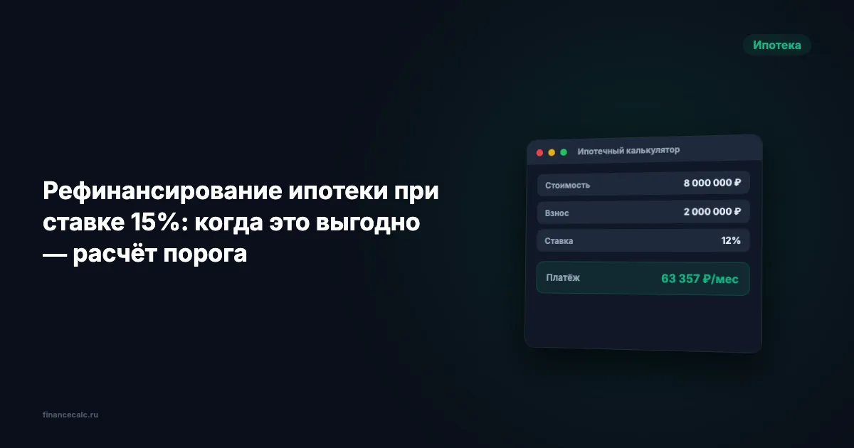 Рефинансирование ипотеки при ставке 15%: когда это выгодно — расчёт порога