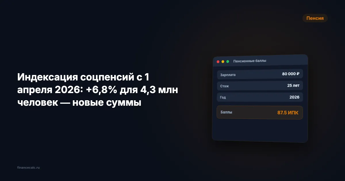 Индексация соцпенсий с 1 апреля 2026: +6,8% для 4,3 млн человек — новые суммы