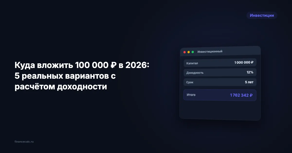 Куда вложить 100 000 ₽ в 2026: 5 вариантов с расчётом доходности от 7 до 52 тысяч