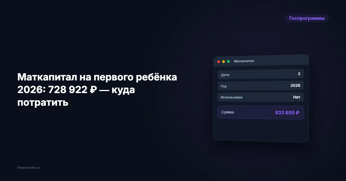 Маткапитал на первого ребёнка 2026: 728 922 ₽ — куда потратить