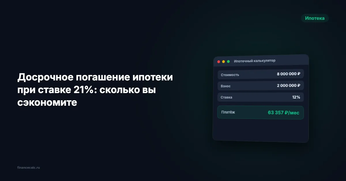 Досрочка при 21%: +5 000 ₽/мес — минус 6 млн ₽ переплаты