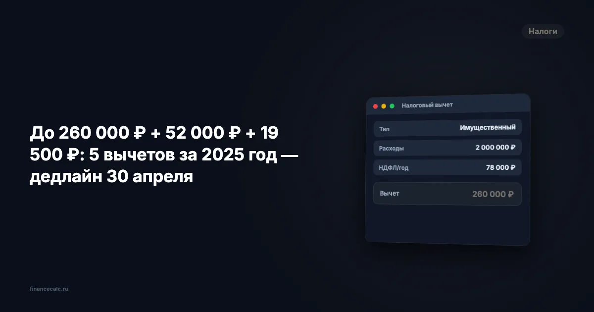 До 260 000 ₽ + 52 000 ₽ + 19 500 ₽: 5 вычетов за 2025 год — дедлайн 30 апреля