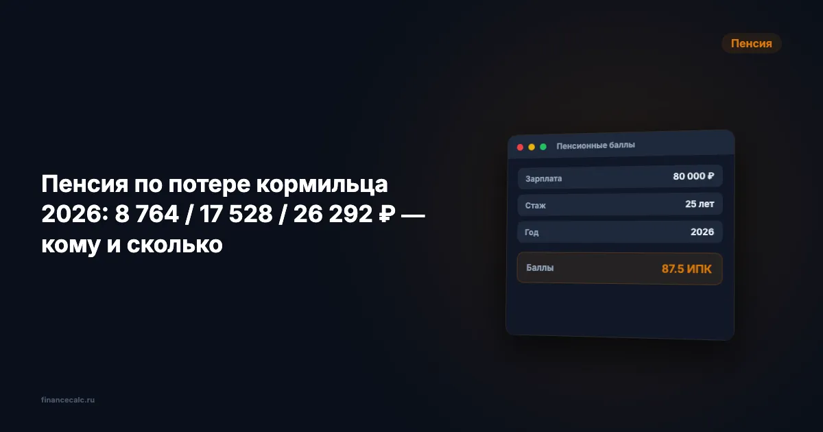 Пенсия по потере кормильца 2026: 8 764 / 17 528 / 26 292 ₽ — кому и сколько