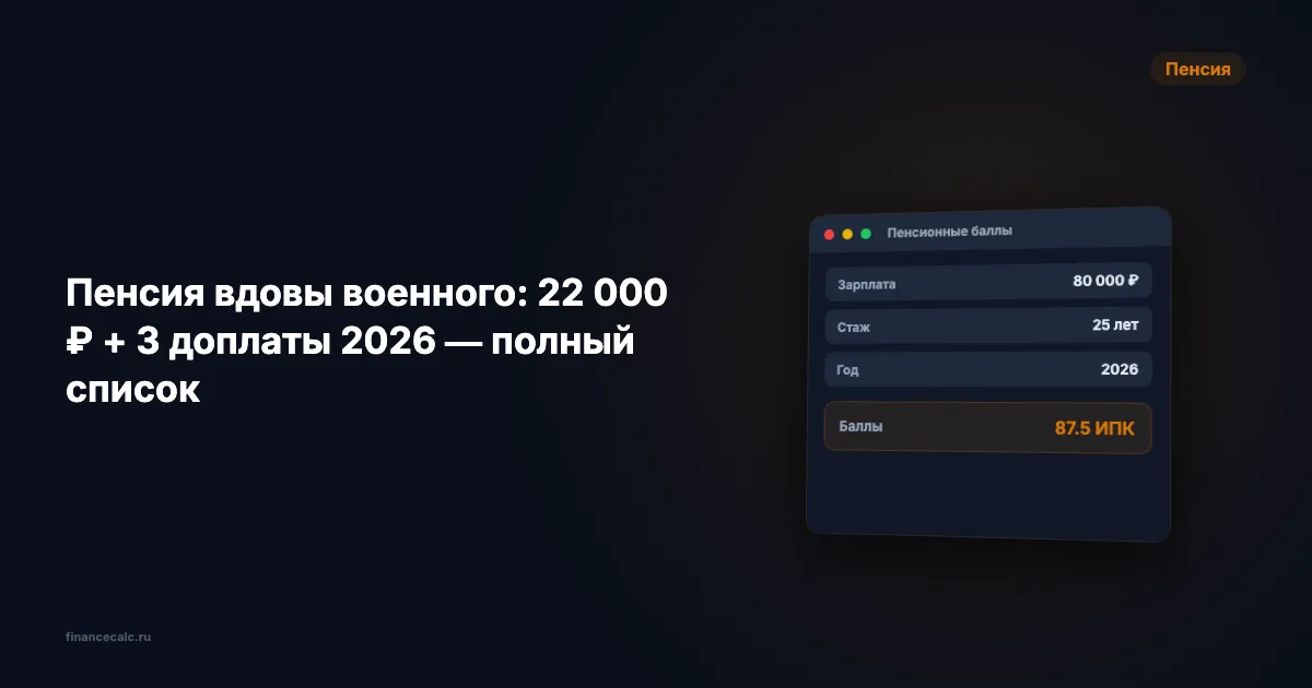 Пенсия вдовы военного 2026: 22 000 ₽ + 3 доплаты — полный список