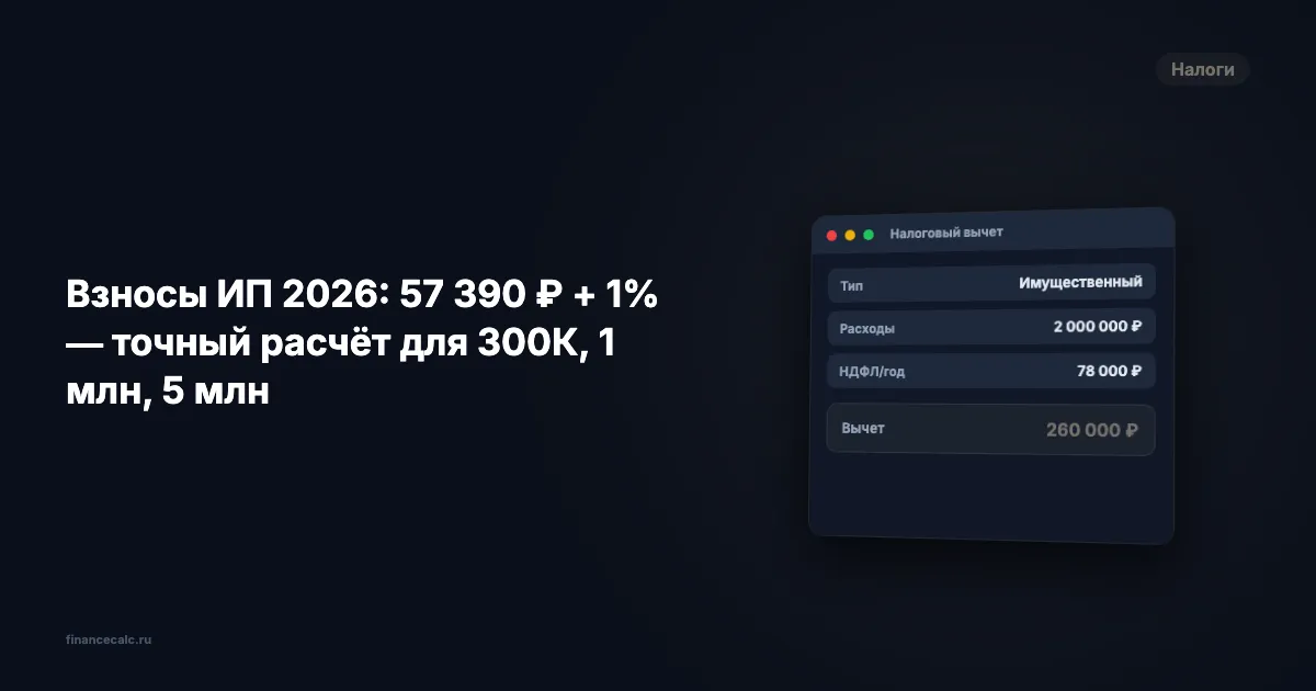 Взносы ИП 2026: 57 390 ₽ + 1% — точный расчёт для 300К, 1 млн, 5 млн