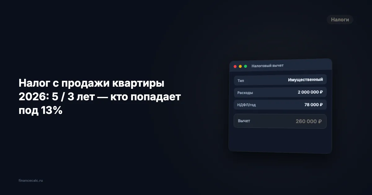 Налог с продажи квартиры 2026: 5 / 3 лет — кто попадает под 13%