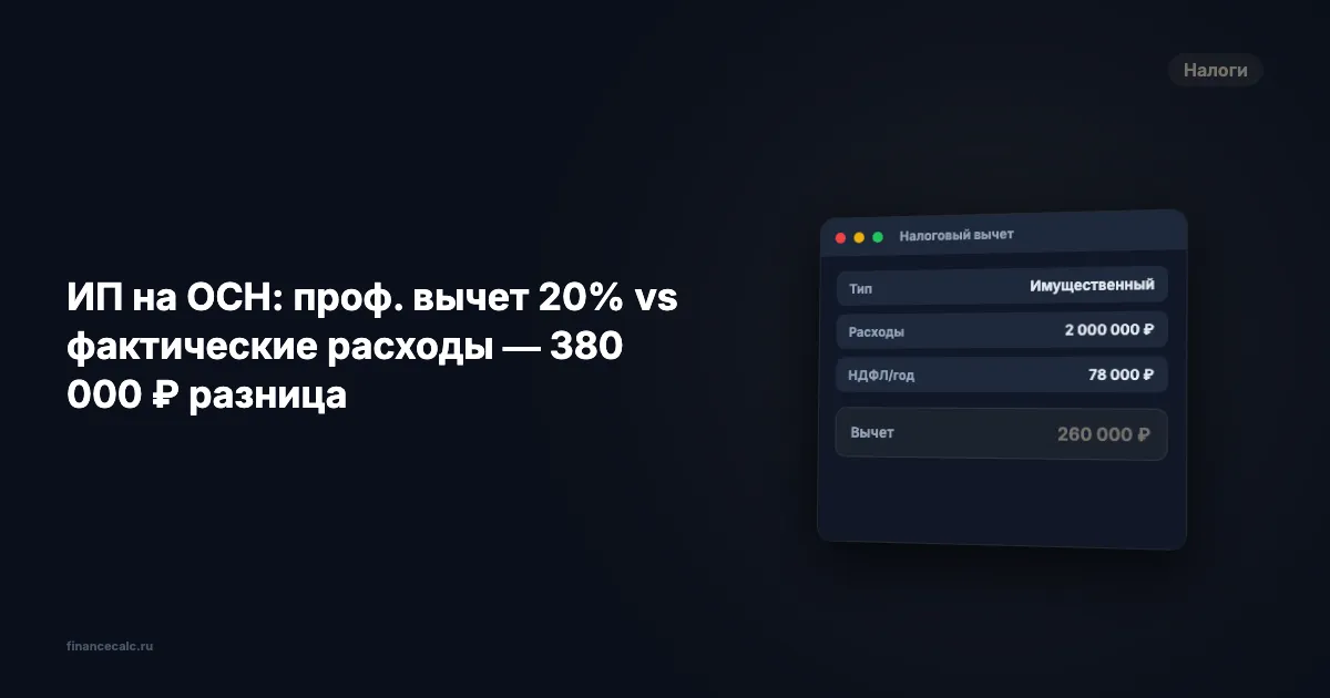 ИП на ОСН: профвычет 20% vs фактические расходы — до 389 000 ₽ разница на 5 млн оборота