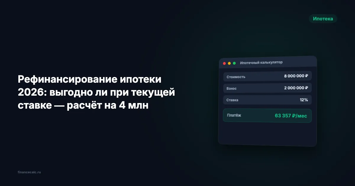 Рефинансирование ипотеки 2026: посчитали на 4 млн — экономия от 515 тыс. до 10,9 млн