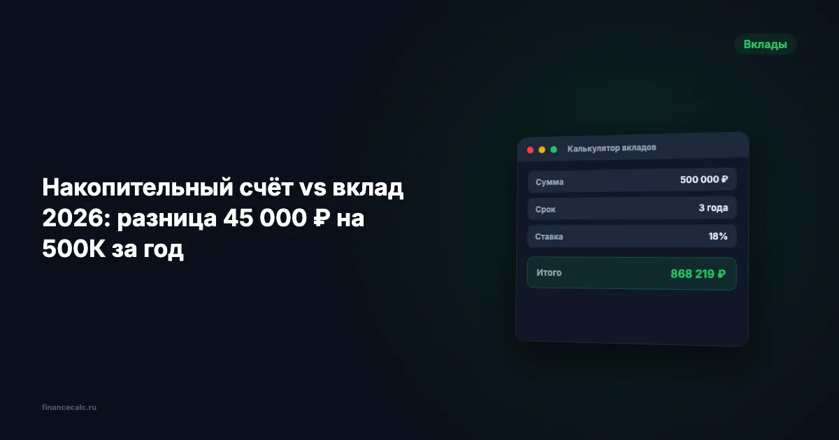 Накопительный счёт vs вклад 2026: до 45 000 ₽ разницы на 500К за год
