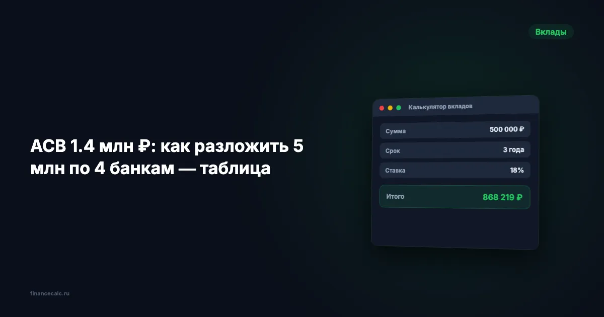 АСВ 1 400 000 ₽: как разложить 5 млн по 4 банкам — таблица 2026