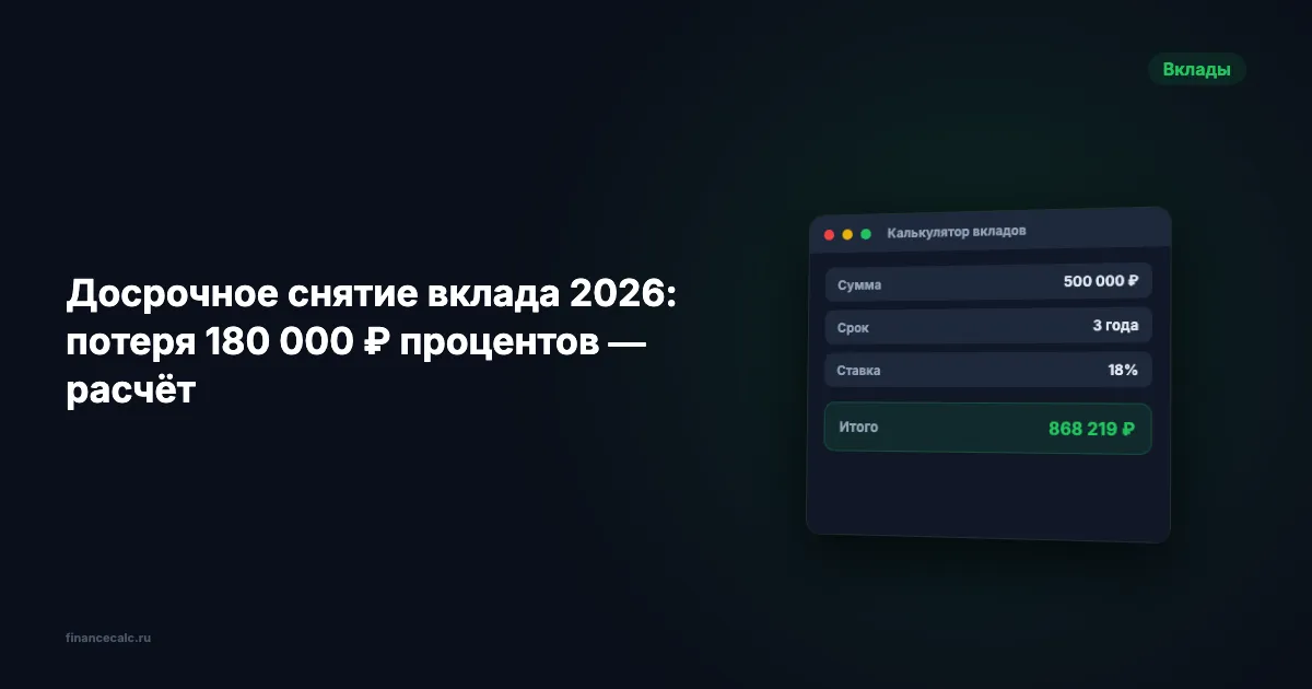 Досрочное снятие вклада в 2026: 180 000 ₽ процентов превращаются в 138 ₽ — расчёт
