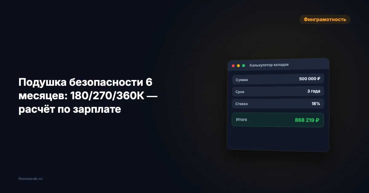Подушка 6 месяцев: 180 / 270 / 360 тыс. ₽ — расчёт по тратам, а не по зарплате