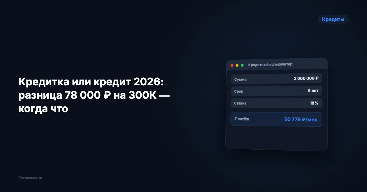 Кредитка или кредит 2026: разница 78 000 ₽ на 300К — когда что