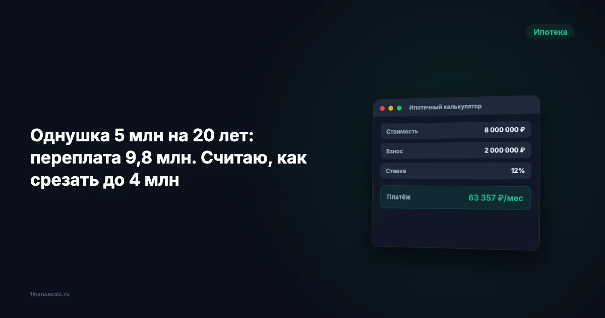 Однушка 5 млн на 20 лет: переплата 15,4 млн при 20%. Считаю, как срезать до 7 млн