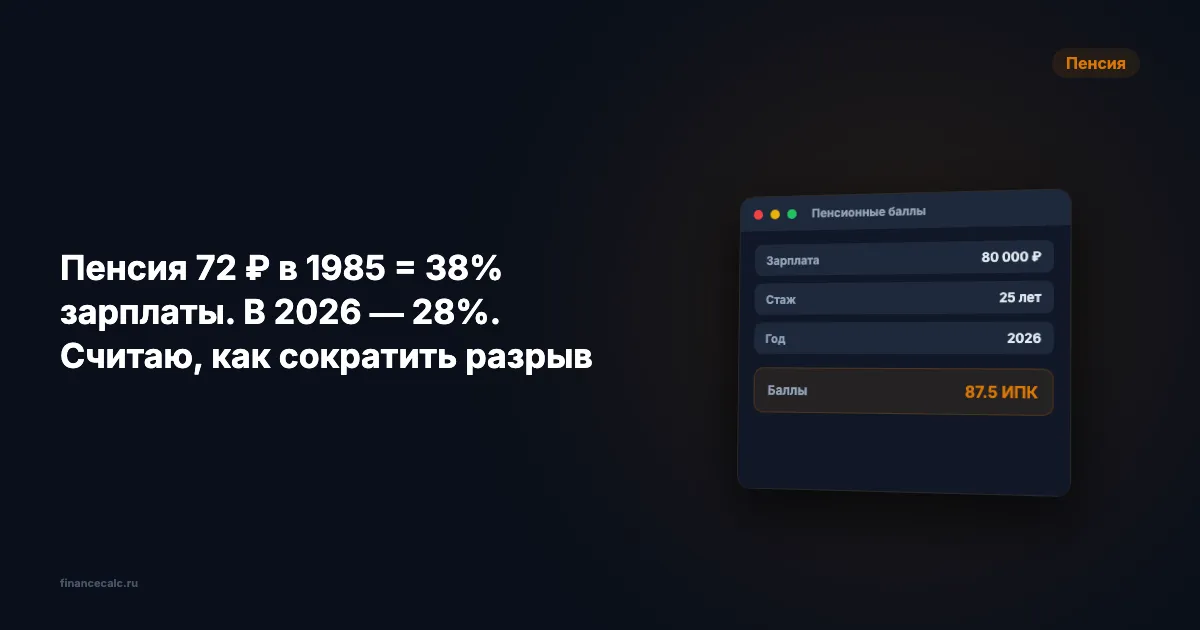 Пенсия 72 ₽ в 1985 = 38% зарплаты. В 2026 — 28%. Считаю, как сократить разрыв