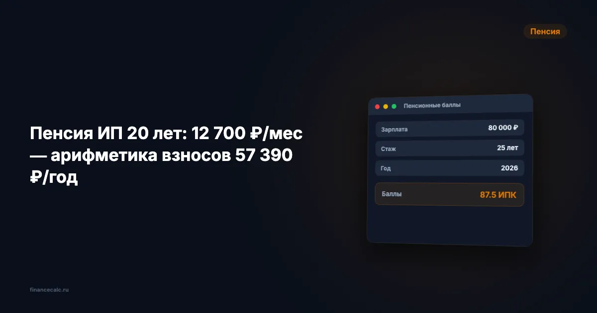 Пенсия ИП за 20 лет: 12 700 ₽/мес — арифметика взносов 57 390 ₽/год