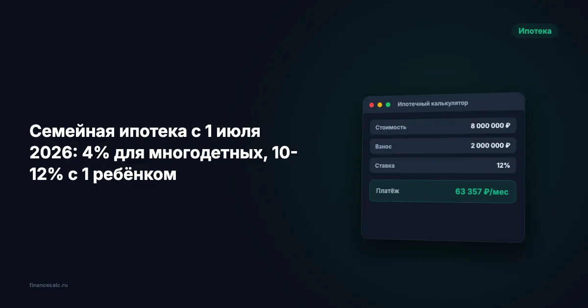 Семейная ипотека с 1 июля 2026: 4% для многодетных, 10–12% с 1 ребёнком