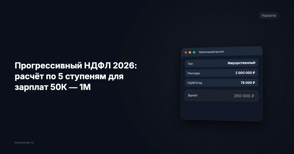 Прогрессивный НДФЛ 2026 по 5 ступеням: 78 000 ₽ при 50К — 1 962 000 ₽ при 1 млн зарплаты