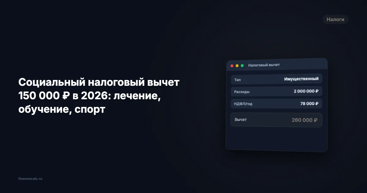 Социальный вычет 150 000 ₽ в 2026: до 33 000 ₽ возврата за лечение, обучение и спорт
