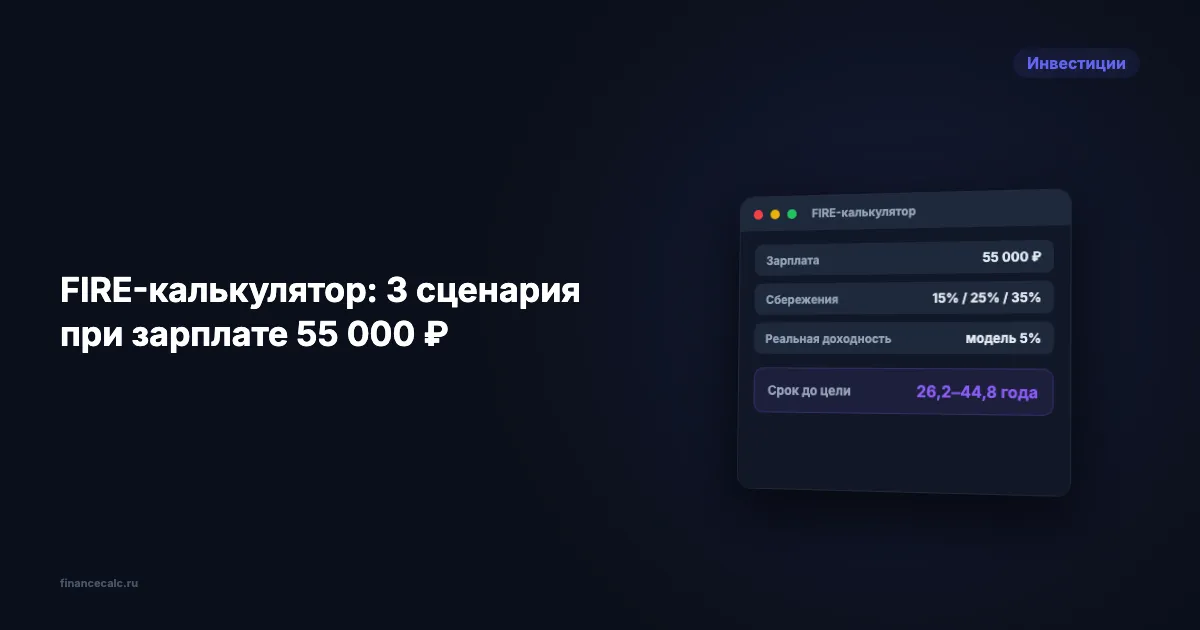 FIRE-калькулятор в России: 26–45 лет при зарплате 55 000 ₽ — 3 сценария