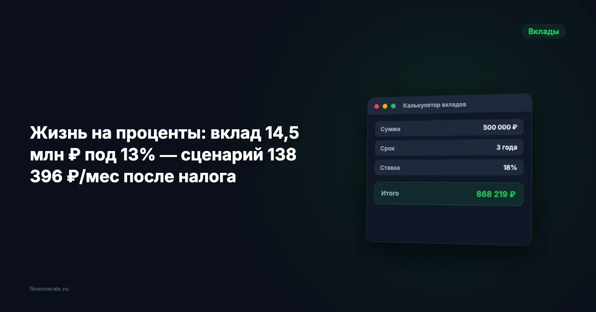 Жизнь на проценты: вклад 14,5 млн ₽ под 13% — сценарий 138 396 ₽/мес после налога